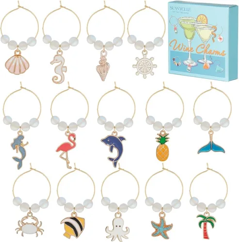 Miniatura 12 de SUNNYCLUE 1 caja de 12 dijes de copa de vino, bola de cristal dorada, etiqueta de victoria, identificación de bebidas de otoño para reunión, boda
