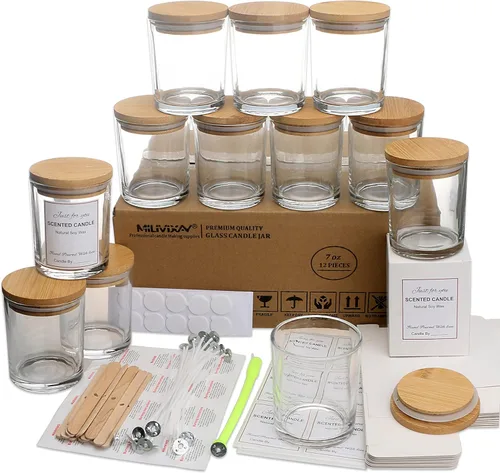 MILIVIXAY Paquete de 12 unidades de tarros de vela de 7 onzas de vidrio transparente con tapas y kits para hacer velas - Tarros de vela vacíos a