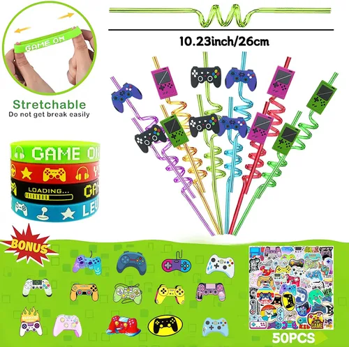 Miniatura 6 de 110 piezas de regalos de fiesta de videojuegos, suministros para fiesta de cumpleaños con pajitas reutilizables para beber, llaveros, cajas