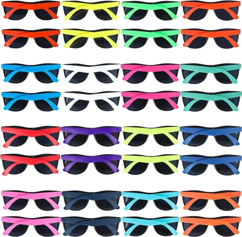 Paquete de 32 lentes de sol de neón de 16 colores, regalos de fiesta, estilo de los años 80, coloridos juegos de gafas de sol para fiesta, perfectos