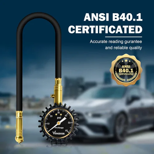 Miniatura 2 de Vondior Medidor de presión de neumáticos con tubo (0-60 PSI), medidor de presión de aire certificado ANSI preciso con esfera brillante grande