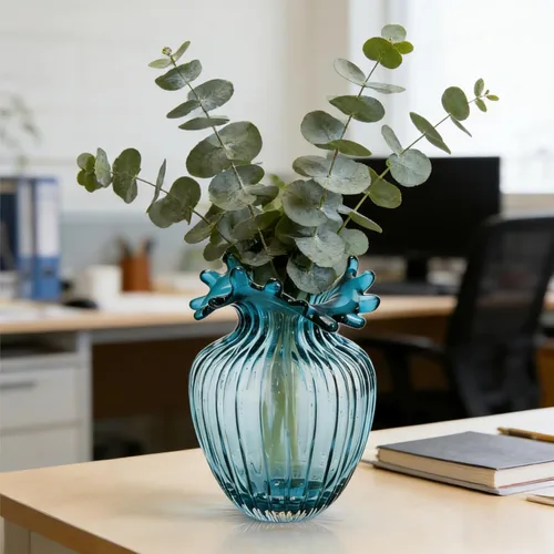 Miniatura 7 de ZAVOOS Jarrón de vidrio soplado a mano, jarrón azul decorativo de arte moderno para plantas de flores, jarrón único de burbujas para decoración