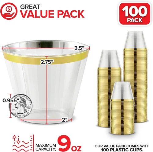 Miniatura 2 de Stock Your Home Vasos de plástico desechables con borde dorado de 9 onzas (paquete de 100) elegantes vasos para fiestas, bodas, vacaciones, vasos