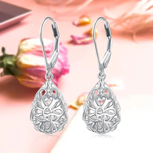 Miniatura 109 de Aretes colgantes de filigrana de plata de ley 925, margarita, loto, flor de rosa, piedra lunar, lágrima para mujer, nudo celta infinito, margarita
