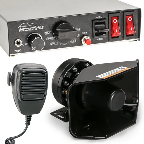 Sistema PA de sirena de policía de emergencia de advertencia de 9 tonos de 12 V 200 W [altavoz fuerte de 180°] [micrófono de mano] [manos libres]