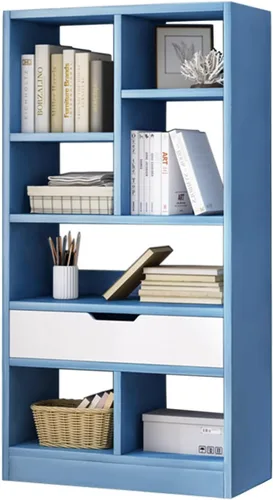 IOTXY - Estantería de madera con espacios abiertos, 51" de altura, organizador de almacenamiento con 7 cubos y un cajón, estante de piso, color azul