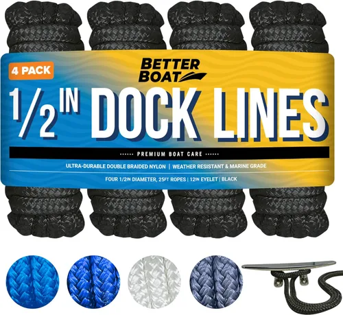 Miniatura 10 de Líneas de muelle para barcos de 1/2 pulgada x 25 pies, paquete de 2 cuerdas de nailon trenzado doble con bucle de 12 pulgadas, línea de amarre