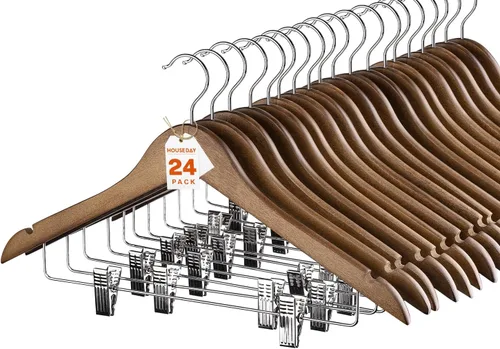 Miniatura 10 de HOUSE DAY Perchas de madera con clips, paquete de 12 perchas de madera de nogal resistente, colgador de falda de alta calidad con clips ajustables