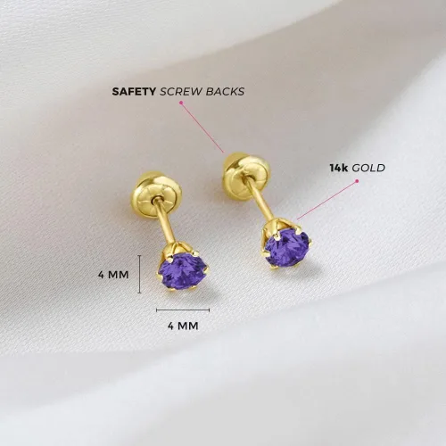 Miniatura 4 de Aretes de tuerca redondos de oro amarillo de 14 quilates de 0.157in con piedra natal simulada para niñas, aretes pequeños para niños con bloqueo