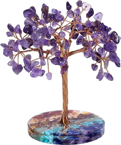 Miniatura 10 de Nupuyai Árbol de cristal de cuarzo curativo natural hecho a mano con base de resina de piedras redondas de chakras, alambre de cobre, bonsái