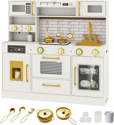 HONEY JOY Cocina de Juego para Niños Pequeños, Juego de Cocina de Madera para Niños, Máquina de Hielo y Cafetera, Microondas, Horno, Estufa, Juego