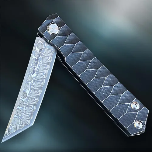 Miniatura 6 de Cuchillo plegable de bolsillo de Damasco, mango de titanio sólido Tc4, hoja Tanto de acero Damasco VG10 multicapa de 67 capas (Saint DXT)