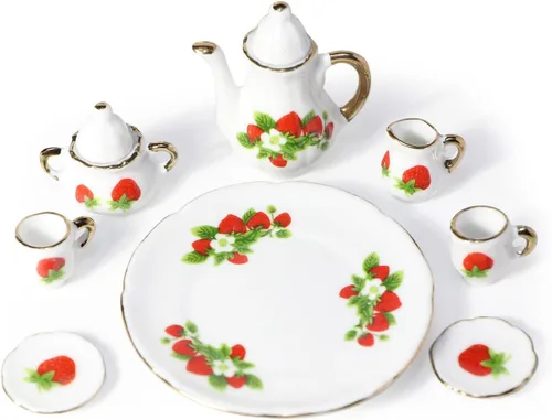 Miniatura 6 de Cutemini - Juego de tazas de té en miniatura de porcelana a escala 1:6, 8 piezas, con diseño de flores, tetera, plato y bandeja, suministros