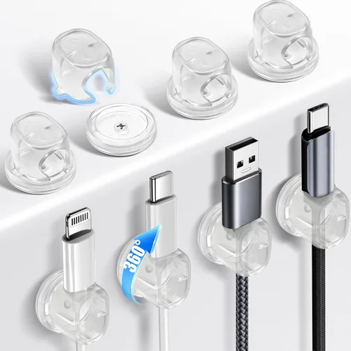 Paquete de 8 organizadores de cables, clips giratorios en forma de Ω, organización de cables adhesivos fuertes con clavos, soporte para cables para