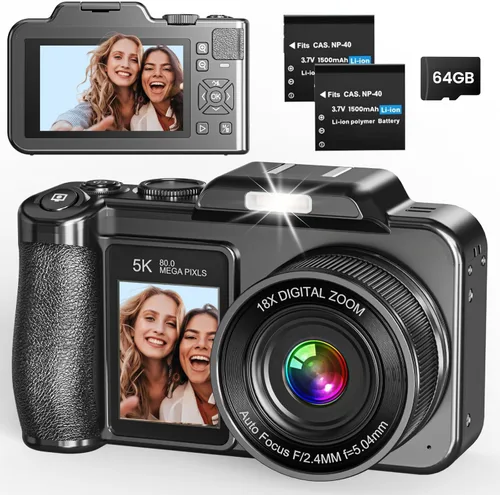 Cámara digital de 5K 80 megapíxeles con pantalla dual de 3.5"+2" para fotografía con enfoque automático, cámara de videoblogs de 18X zoom digital