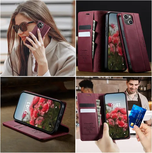 Miniatura 6 de Funda tipo cartera para iPhone 13 de piel tipo cartera con tarjetero y función atril, cierre magnético, bloqueo RFID, TPU a prueba de golpes, Rojo
