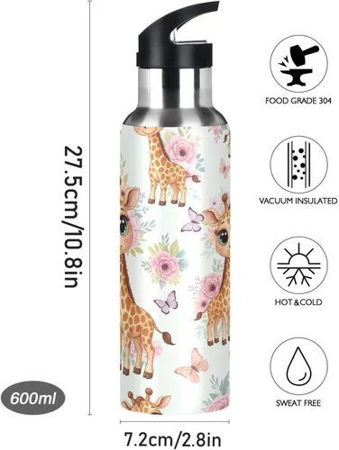 Miniatura 9 de BPA-Free Sports Water Bottle 20 Oz, Insulated Water Bottle for Gym Outdoor Travel School, Cute Cartoon Giraffes Eyes