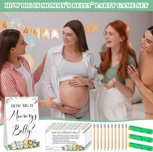 Miniatura 7 de Sabary 64 Piezas Juegos de Baby Shower Incluyen Letrero How Big is Mommy's Belly Sign Measure Bump Game 50 Tarjetas 10 Lápices 3 Cintas Métricas