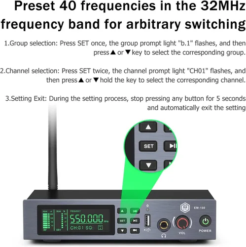 Miniatura 4 de W IN-MIX EM100 UHF Sistema de monitor intrauditivo inalámbrico - 1 canal con 1 sistema IEM mono bodypack, tecnología PLL, rango de 300 pies