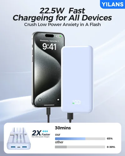 Miniatura 2 de YILANS Cargador portátil, banco de energía de 50000 mAh, cable integrado, 22.5 W PD USB C entrada y salida de carga rápida, batería externa con 6