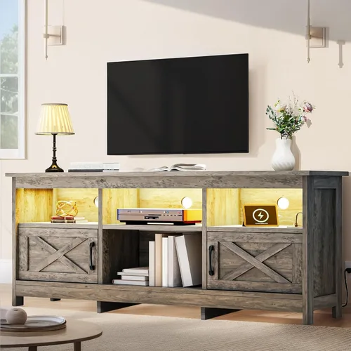 Miniatura 6 de YITAHOME Soporte de TV para televisores de 65 pulgadas, centro de entretenimiento con armarios de almacenamiento, toma de corriente y luz LED, Negro