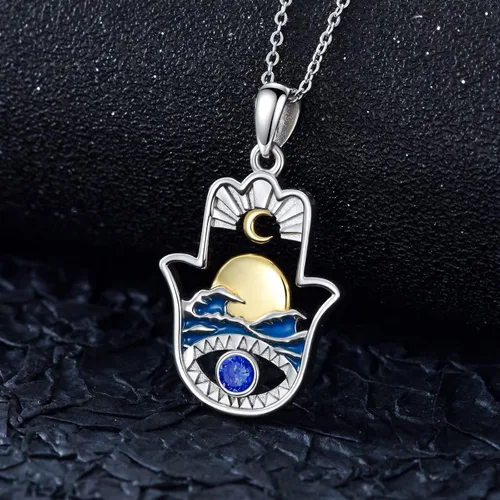 Miniatura 22 de PROESS Collar de plata de ley Hamsa Fátima collar de elefante, colgante de ojo azul, joyería para hombres, mujeres, niñas y niños