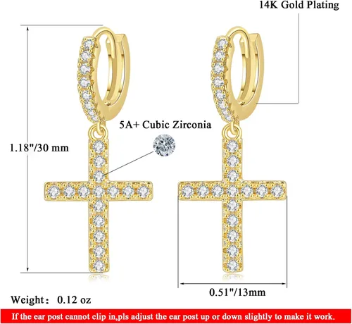 Miniatura 4 de 2 pares de aretes de cruz para hombre, chapados en oro de 14 quilates, colgantes, clásicos, pequeños 5A+, circonita cúbica pavimentada, aretes