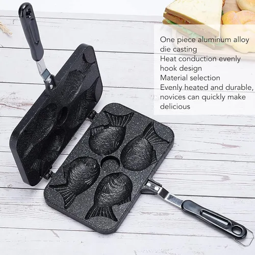 Miniatura 3 de Taiyaki - Máquina para hacer gofres, antiadherente con mango largo, mini molde para pasteles en forma de pez, 4 rejillas Taiyaki con forma de pez