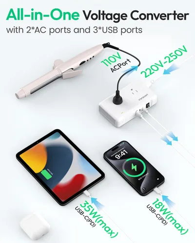 Miniatura 5 de Convertidor de voltaje de 220 V a 110 V, convertidor de voltaje de Estados Unidos a Europa con 1 USB A y 2 puertos USB C de carga rápida, 2 enchufes