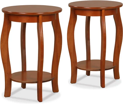 Miniatura 9 de Giantex Mesa auxiliar redonda, mesa auxiliar de madera con estante de almacenamiento, mesita de noche pequeña con patas de madera maciza, mesa Nogal