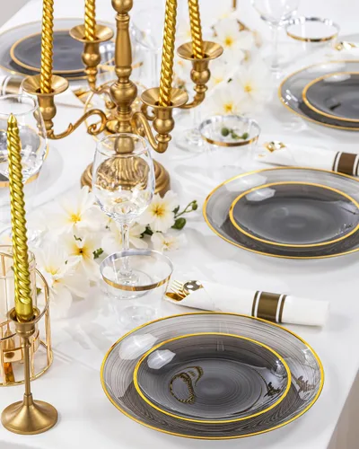 Miniatura 6 de Morejoy - 60 platos de plástico negro, platos desechables negros con borde dorado, placa dorada resistente, placa de diseño moderno de remolino que