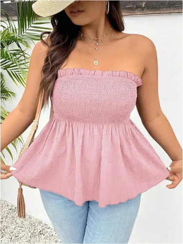 Miniatura 3 de SOLY HUX Camiseta de tubo peplum para mujer, talla grande, sin tirantes, holgada, linda, para vacaciones