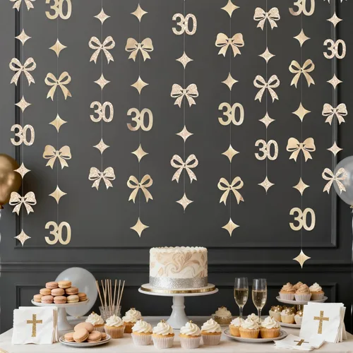 Miniatura 9 de Decoraciones de cumpleaños negras con lazo del 30 aniversario, guirnalda de lazos coquette con purpurina, pancarta serpentina para mujeres
