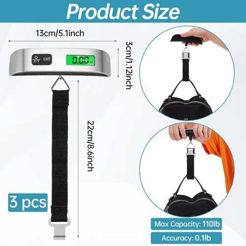 Miniatura 2 de Báscula digital para equipaje paquete de 3 básculas de peso de equipaje báscula digital de mano de 110 libras báscula de equipaje con pantalla LCD