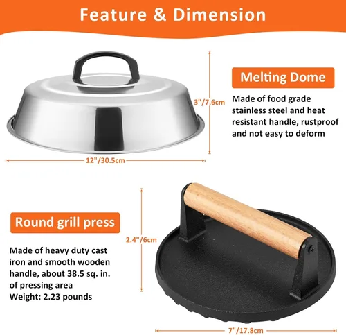 Miniatura 2 de Leonyo Smash - Kit de hamburguesa, cubierta de hilvanado de 12 pulgadas para plancha, prensa redonda de tocino de hierro fundido para queso, tapa
