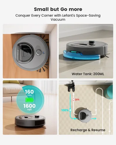 Miniatura 9 de Lefant Robot Aspirador y Fregona, Navegación LiDAR Mejorada, Recipiente de Polvo Visible de 450ml, Fuerte Succión, Mapeo de Varias Plantas, Gris