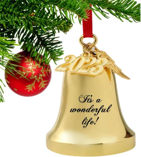 Miniatura 3 de JUPPE It's A Wonderful Life Adorno de campana de Navidad, adorno de campana dorada grabada con ala de ángel y dije 2025 (dorado)