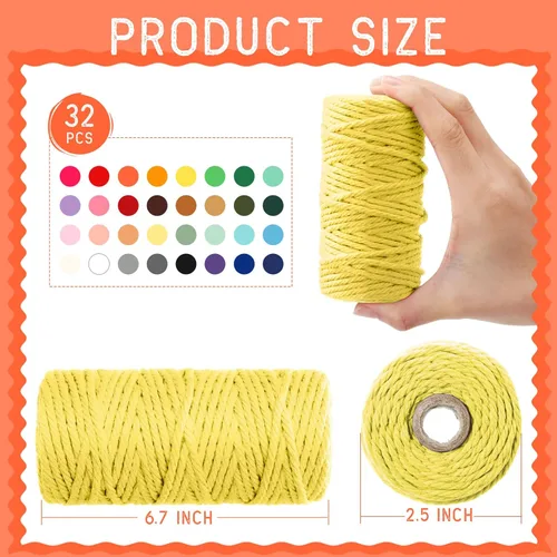 Miniatura 2 de 32 rollos de cuerda de macramé de 4 hebras de 0.157 in x 1760 yardas, cuerda de algodón natural de colores a granel, cuerda de macramé colorida