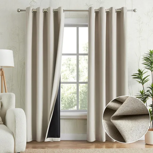 Anpark Cortinas 100% opacas color beige natural para dormitorio, con aislamiento térmico, aspecto de lino, con ojales, con capa negra para sala de