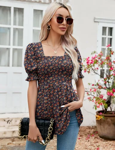 Miniatura 2 de LOMON Túnicas de mujer con cuello cuadrado, manga corta abombada, blusa peplum para mujer, camisetas 2024 primavera verano S-XL
