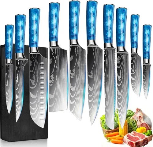 Miniatura 14 de Juego de 10 cuchillos de cocina japoneses de alta calidad, colección Imperial, patrón láser de damasco, acero inoxidable 440A ultra afilado