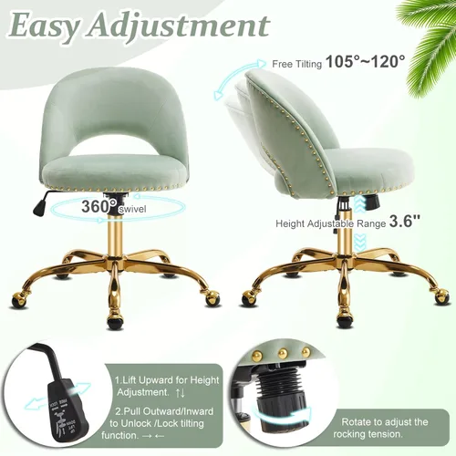Miniatura 7 de VINGLI Silla de Oficina Pequeña de Terciopelo Moderno, Linda Silla de Escritorio con Ruedas, Base/Tachuelas Doradas, Cómoda Silla Giratoria sin