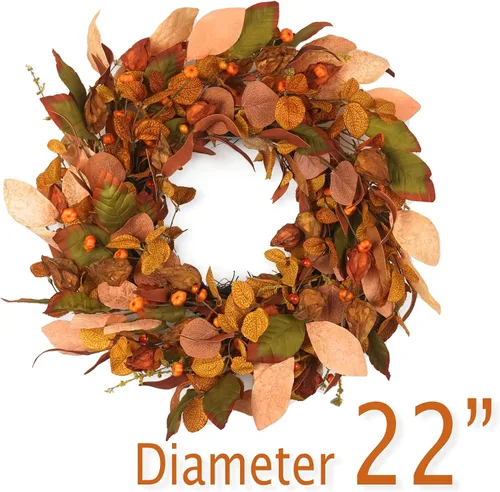 Miniatura 2 de Corona de otoño con calabaza pequeña, bayas y hojas, 22 pulgadas, decoración de granja para interiores y exteriores