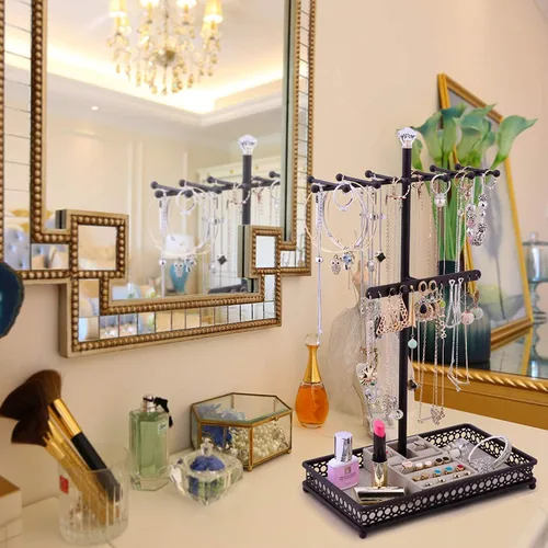 Miniatura 3 de Meangood Organizador de soporte para árbol de joyería, organizador de collares 3 en 1, exhibición de pulseras, aretes y bandeja para anillos