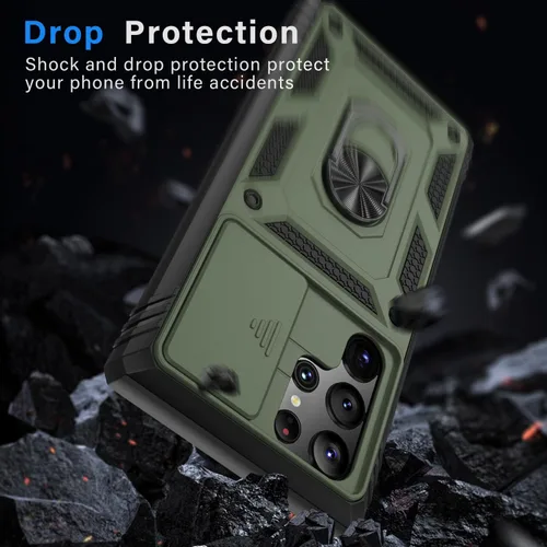 Miniatura 6 de PASNEW Funda para Samsung Galaxy S22 Ultra 5G, cubierta de cámara deslizante y soporte de dedo de metal de 360°, carcasa rígida protectora Verde