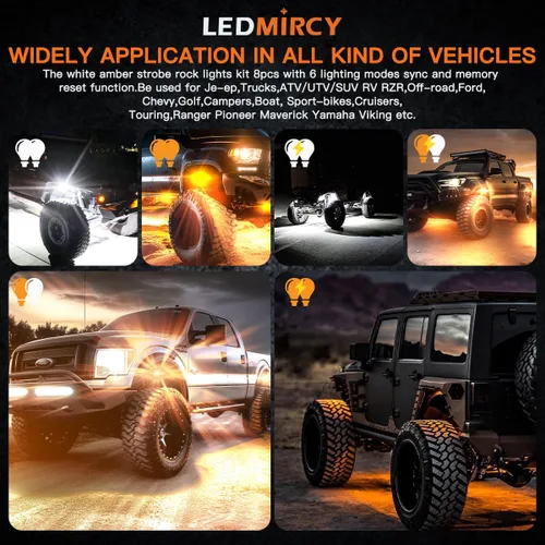 Miniatura 7 de LEDMIRCY Switchback Kit de Luces LED para Rocas Blanco/Ámbar Estroboscópicas con Arnés de Cableado 8 Módulos 6 Modos Función de Reinicio Función