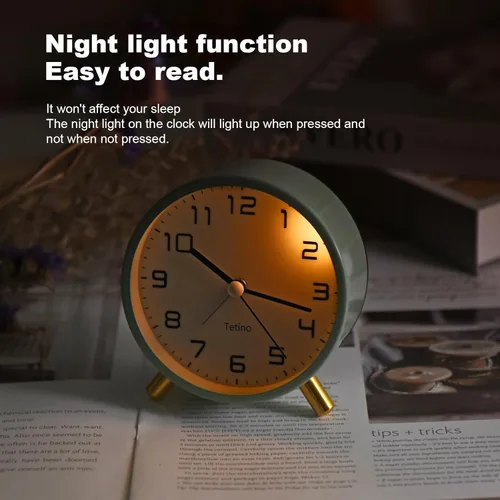 Miniatura 2 de Tetino Reloj despertador analógico, retro de metal, silencioso, sin tictac, con luz nocturna, funciona con pilas, diseño simple, para dormitorios