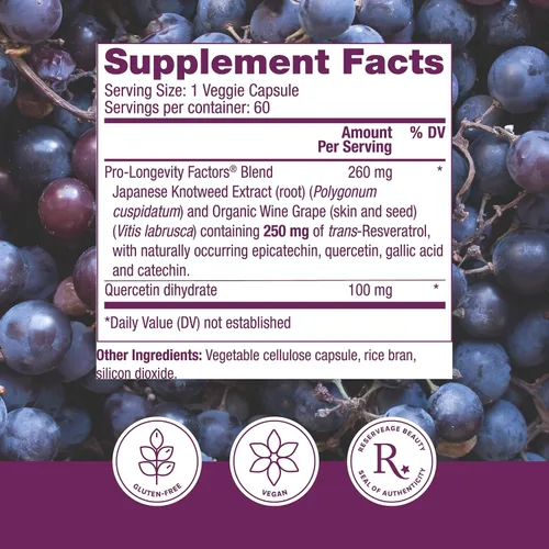 Miniatura 2 de Reserveage Beauty Resveratrol 250 mg - Mejor Trans-Resveratrol - Suplemento antioxidante vegano para la salud celular y cardíaca - Ayuda al