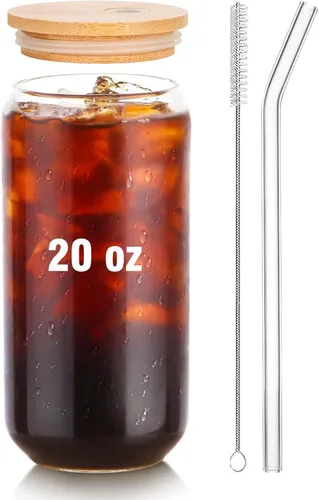 Miniatura 10 de Juego de 2 tazas de vidrio con tapas y pajitas, tazas de café helado con tapas para cerveza fría y cerveza, vidrio en forma de lata de 20 onzas