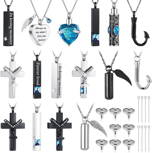 Miniatura 43 de 16 piezas de collar de urna para cenizas, medallón de cenizas talladas de acero inoxidable impermeable con 8 kit de relleno, cilindro de corazón